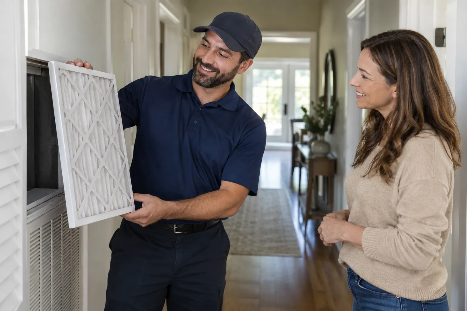A provider checking an air conditioner filter in a Houston home