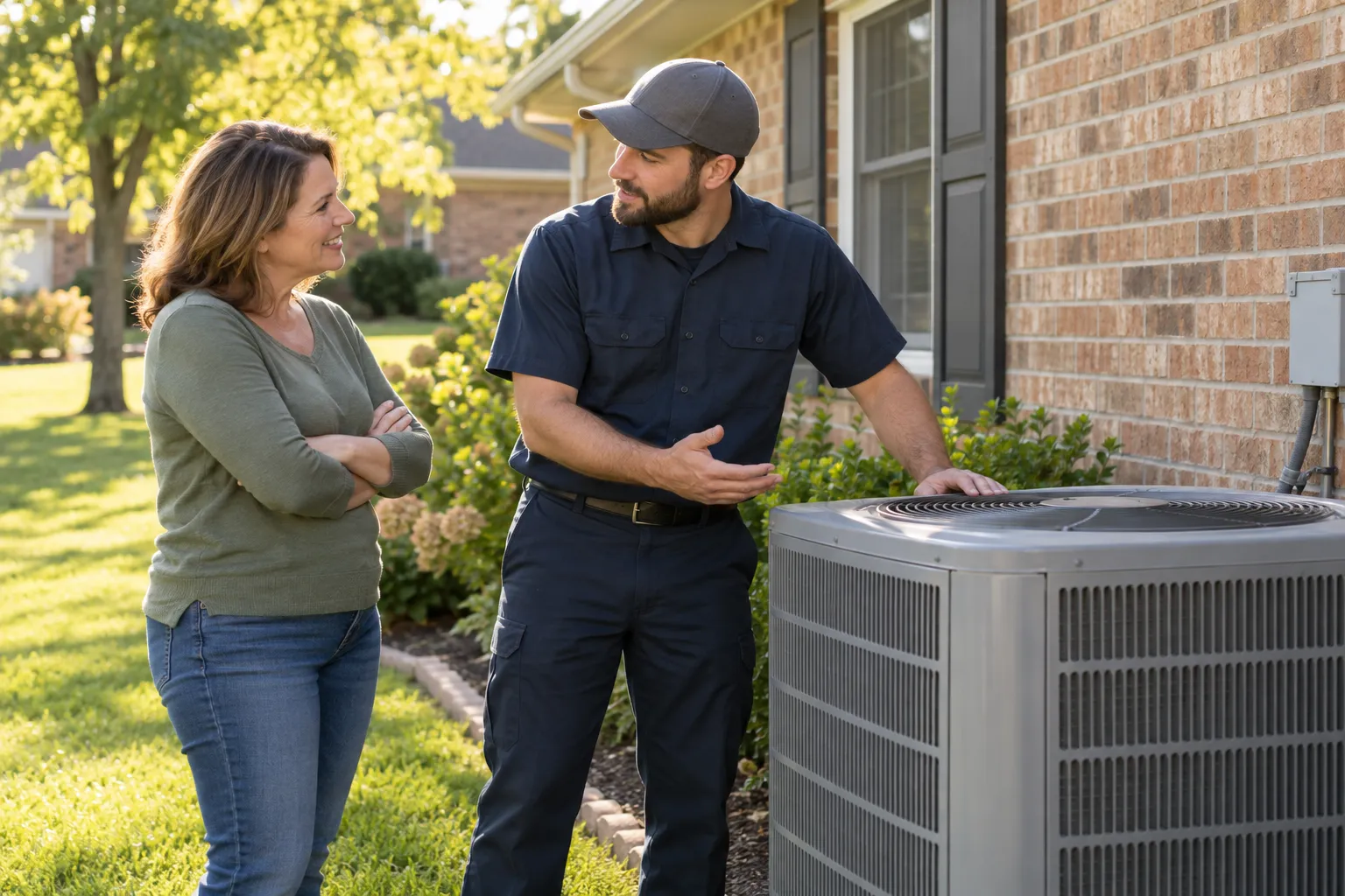 A homeowner talking with an HVAC provider beside an outdoor AC unit in Houston